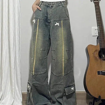 Spring and Autumn New Men and Women Trendy Personalized Straight Tube Splicing Jeans for Couples Loose Retro Casual Pants